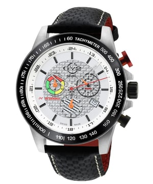 GV2 Scuderia - Chronograph
GV2’s sporting chronograph, Scuderia, is the perfect match for the high-octane performer. Inspired by Italian racing, Scuderia isn’t only fast-paced – its sleek, daring design catches your eye at any speed. A competition-ready crown replete with final lap flag pattern is just the start. The lower sub dial in finish line form seamlessly compliments the markers and tachymeter on the bezel – ideal for computing speeds down to split seconds. Echoing the sub dial, the carbon fiber print strap on genuine Italian leather with stitching is an inspired track detail not to be outshone by the engraved trophy on the back casing that makes Scuderia a winning look. Not only racy, Scuderia is equipped with GV2’s standard performance features: a 45mm round case in anti-reflective sapphire crystal, water resistant up to 100 meters and Swiss quartz multifunction movement that make this timepiece nearly indestructible. Feeling bold? Make moves with the Scuderia Collection.Specifications
GV2 9920 Men's Scuderia Quartz Multifunction Chrono Watch

GV2 Men's Swiss Quartz Watch from the Scuderia Collection
45mm Round 316L Stainless Steel Case, Multifunction Chronograph-Tachymeter scale, an alarm, an additional time zone
White Carbon Fiber Dial, Black Markers
Second Sub Dial, Date Window at 4 O'clock
Genuine Black Italian Leather Strap with White Stitching with Tang Buckle
Anti-reflective Sapphire Crystal
Water Resistant to 100 Meters/10ATM
Swiss Quartz Multifunction Chrono, Ronda 5130D with Alarm