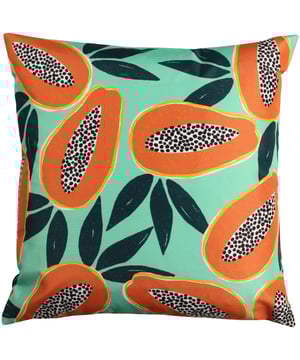 Amongst the green leaves, features a vibrant Papaya fruit print in bold oranges and tropical greens. Pop it in your outdoor space, it is sure to stand out.