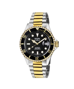 Un accesorio para el éxito. Un reloj distintivo de fabricación suiza es siempre una buena inversión. Con una reminiscencia ingeniosa del famoso horizonte de la ciudad de Nueva York, cada reloj de la colección Gevril Wall Street llama la atención con un diseño arquitectónico de acero inoxidable. El bisel giratorio unidireccional enmarca un cristal antirreflejos recubierto de zafiro. Detallada a la perfección, una lente ampliada muestra índices y manecillas luminosos en una esfera en contraste. La forma nunca se ve perjudicada por el funcionamiento: cada reloj es resistente al agua hasta 200 metros y cuenta con un brazalete de acero inoxidable con cierre desplegable. Disponible en una serie de elegantes combinaciones de colores, la colección Wall Street hace una fuerte declaración. Gevril 4855A Reloj de pulsera Wall Street de acero inoxidable para hombre Reloj Gevril Wall Street de acero inoxidable para hombre Caja de acero inoxidable 316L de 43 mm con acabado satinado, bisel giratorio unidireccional Corona atornillada con el logotipo de Gevril Índices luminosos en la esfera, manecillas luminosas, esfera negra Fecha a las 3 en punto Lente magnificada Brazalete Oyster SS/IPYG de dos tonos con hebilla desplegable Cristal de zafiro antirreflectante Resistente al agua hasta 200 metros/20 ATM Automático suizo, movimiento SW220
