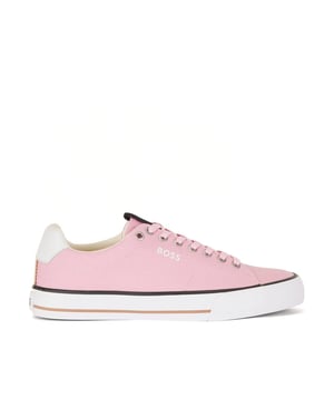 Men's BOSS Aiden Tennis Trainers. Sleek, low profile, BOSS' Aiden tennis trainers are crafted from crisp canvas with vulcanised rubber soles to support outdoor impact. The label's signature beige, black and white grosgrain trim is showcased on the tongue.