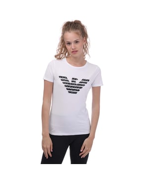 Dames Emporio Armani T-shirt met groot logo in wit.- Ronde hals.- Korte mouwen.- Bedrukt logo.- 95% katoen 5% elastaan.- Ref: 8N2T7N2J070100