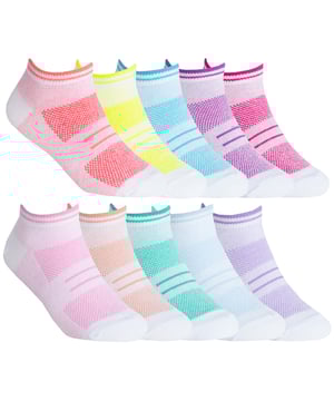 Wenn Ihre Mädchen auf der Suche nach dem perfekten Paar Sportsocken sind, sind Sie hier genau richtig. Diese Trainersocken wurden speziell für den Komfort von Mädchen entwickelt und sind ideal für alle Arten von sportlichen Aktivitäten in der Halle und im Freien. Diese farbenfrohen Socken für Mädchen können unter den Turnschuhen getragen werden, um sie frisch und bequem zu halten. Das leichte Material besteht aus baumwollreichen Fasern und ist weich und atmungsaktiv. Diese niedrig geschnittenen Socken sind ideale Sportsocken und eignen sich perfekt für Indoor-Aktivitäten wie Springen oder Gymnastik, aber auch für Sportspiele im Freien. Sie verfügen über atmungsaktive Mesh-Einsätze, die dafür sorgen, dass die Füße den ganzen Tag über bequem und trocken bleiben. Die Socken sind aus leichtem Gewebe mit Mesh-Fußgewölbestützung gefertigt und geben den Füßen Ihrer Kinder die ultimative Unterstützung, die sie brauchen. Diese Socken sind in 5 verschiedenen Farben pro Packung erhältlich, darunter: Rosa, Grün, Lila, Gelb und Rot. Diese Socken sind in 10 oder 20 Paar mit 5 Farben pro Packung erhältlich, bestehen aus 74% Baumwolle, 22% Polyester, 2% Nylon, 2% Elastan und sind in 3 Kindergrößen erhältlich: 4-6 Jahre, 7-10 Jahre, 11-14 Jahre. Sie sind sicher in der Maschine waschbar.