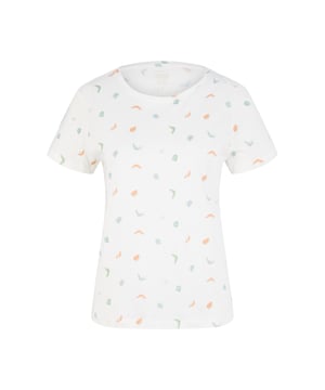 Dieses Damen-T-Shirt besticht durch seine reguläre Passform, die es bequem und vielseitig tragbar macht. Die kurzen Ärmel und der klassische Rundhalsausschnitt sorgen für einen zeitlosen und femininen Look. Der auffällige Allover-Print macht das T-Shirt zu einem modischen Blickfang und verleiht jedem Outfit eine besondere Note. Aus atmungsaktivem Material gefertigt, garantiert es auch an wärmeren Tagen ein angenehmes Tragegefühl. Der hohe Tragekomfort macht dieses T-Shirt zum idealen Begleiter für Alltag und Freizeit. Leicht zu kombinieren mit Jeans, Röcken oder Shorts ist es eine vielseitige Basis für jede Garderobe. Die hochwertige Verarbeitung sorgt für Langlebigkeit und Formbeständigkeit. Ein Must-Have für modebewusste Frauen, die Wert auf Stil und Komfort legen. Perfekt für jede Gelegenheit, bei der Sie sich wohlfühlen und gleichzeitig stilvoll aussehen wollen. Dieses T-Shirt wird schnell zu einem Lieblingsteil in Ihrem Kleiderschrank werden.