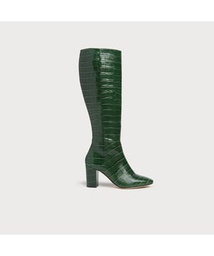 Bringing colour and print to the everyday, our Sirena boots are a statement style that won't go unnoticed. Crafted from glossy leather in forest green and stamped with a croc-effect finish, these beautiful knee high boots have an almond-shaped toe, a manageable block heel and a zip to the inside of the leg. Wear them with midi dresses in pretty autumnal prints and enjoy their wild and wonderful playfulness.