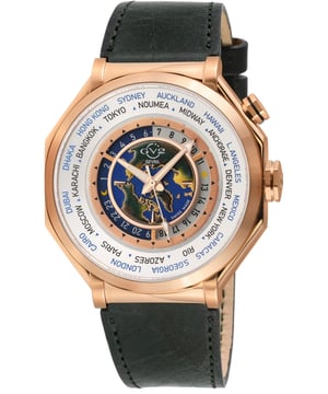 GV2 42434 Men's Marchese Swiss Quartz Watch

GV2 Men's Swiss Quartz watch from the Marchese Collection
44mm Octagon IPRG Case, Silver/RG Dial 
Push/Pull Gevril Logo Crown
World timer 24 cities, 24 hour time zone
Black Handmade Italian Leather Strap with Deployment Clasp
Anti-reflective Sapphire Crystal
Water Resistant to 50 Meters/5ATM
Swiss Quartz Movement Ronda 515.24D