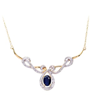 9K (375) geel goud: 3,1 gram; # Diamant: 0,05 ct; # Saffier: 1,2 ct; # Afmeting: 46 cm x 4,7 cm x 1,44 cm