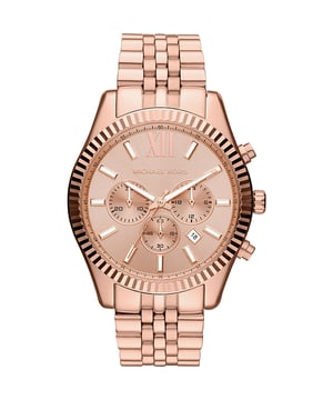 PRODUCT INFO - Kastdiameter: 44 mm Materiaal kast: PVD Rose Gold Plating Waterdicht: 100 Meter Beweging: Quartz (Batterij) Kleur wijzerplaat: Rose Band Materiaal: Roségoud Armbandsluiting Type: Geslacht: Vrouw

BESCHRIJVING - Dit Michael Kors Lexington herenhorloge is uitgevoerd in roségoudkleur en voorzien van drie chronograaf sub wijzerplaten en een datumvenster aangedreven door een quartz uurwerk. Dit prachtige horloge is een bewijs van de verfijnde en luxueuze benadering die dit model bereikt. Dit modieuze horloge wordt gesloten met een rosegoudkleurige armband met een gepolijste afwerking. De ronde wijzerplaat toont een roze wijzerplaat, versterkt door een oversized Romeins cijfer op 12 uur, zodat dit horloge een mannelijk geïnspireerd ontwerp omarmt.