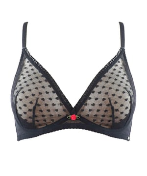 Our Heart Mesh Triangle Bra offers a deep plunging cup to showcase your curves whilst still adding support and ensuring comfort. Made with a gorgeous semi sheer heart mesh along with a ruffle strap detailing and a rosebud accent that adds a flirty and feminine touch.