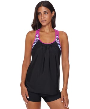 Top de tankini para mujer  
Hecho de 82% nylon y 18% spandex  
Estilo blusón con un estampado a rayas  
Espalda tipo T con tirantes ajustables  
Diseño con realce para mejorar el busto  
Adecuado para la playa o la piscina  
Material: 82% nylon 18% spandex
