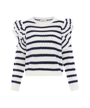 Deze DreiMaster vintage damestrui maakt indruk met zijn weelderige ruches. Het zachte garen heeft een frisse maritiem gestreepte look met een ronde halslijn.  Pullover trui