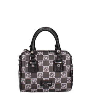 Handtasche mit Doppelgriff und Reißverschluss. Metalldetails und Nieten, um die Griffanhänge hervorzuheben. Frontpatch mit Schreiben. Orangenschale im Monogrammdruck mit Ton-auf-Ton-synthetischer Finish. Verstellbarer und abnehmbarer Schultergurt.
