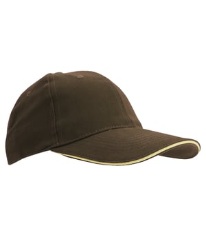 6 panel. Six ventilation eyelets. Size adjuster with metal buckle. Contrast sandwich peak on certain colours. Material: 100% thick brushed cotton. One size.