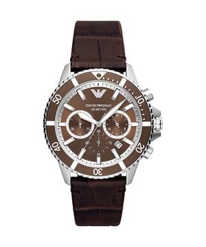 This Emporio Armani Diver Chronograph Watch for Men is the perfect timepiece to wear or to gift. It's Silver 43 mm Round case combined with the comfortable Brown Leather watch band will ensure you enjoy this stunning timepiece without any compromise. Operated by a high quality Quartz movement and water resistant to 10 bars, your watch will keep ticking. This Elegant and practical watch is perfect for all occasions. It’s a great gift for your relatives and friends -The watch has a calendar function:  Date , Stop Watch , 24-hour Display , Luminous Hands and Luminous Numbers High quality 21 cm length and 22 mm width Brown Leather strap with a Buckle Case diameter: 43 mm,case thickness: 12 mm, case colour: Silver and dial colour: Brown
