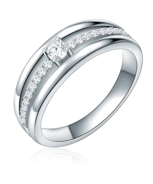 If you like puristic design combined with glamorous accents, this silver ring of the Rafaela Donata label is guaranteed to close. The ring rail of the massive band ring is occupied by a band of zirconia stones and crowned in the middle with a lush zirconia crystal. What is special is the high -quality brilliant cut that gives each individual of the crystals more than 50 facets. The result is an incomparable sparkle that attracts everyone's attention. A rhodium line protects the ring made of 925 sterling silver from the start and gives the surface the typical cool shine.