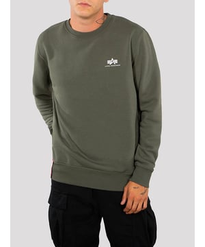 Alpha Industries Basic Small Logo Sweater. Basic crewneck sweatshirt with small Alpha logo on chest and RBF tape loop on ribbed waistband.