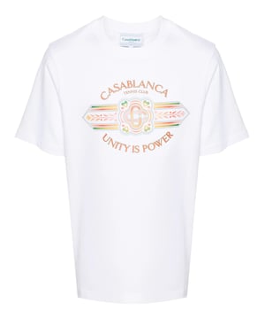 Crest-inspired graphics pepper Casablanca's designs, alluding to the brand's sports-club inspiration. This short-sleeve organic-cotton T-shirt is highlighted with the Unity is Power print, a motif that conveys an important message from the brand's latest collection.