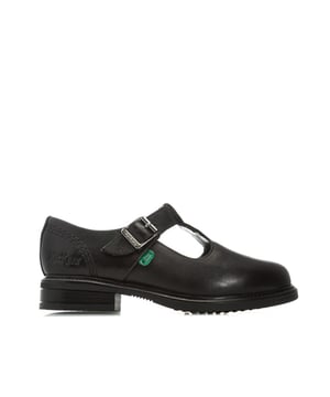 Children Girls Kickers Lach T-Bar Leather Shoes in Black<BR><BR>- Adjustable buckle fastening<BR>- Classic triple stitch detail<BR>- Iconic red and green logo tabs<BR>- Ridged rubber sole for traction and durability<BR>- Tonal stitching<BR>- Embossed branding to side<BR>- Leather Upper  Textile and Synthetic Lining  Synthetic Sole<BR>- Ref: 114824