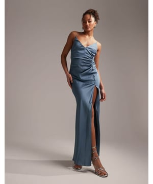 Dresses by ASOS DESIGN Bride approved V-neck Fixed straps Drape detail Thigh-high split Regular fitSold By: Asos