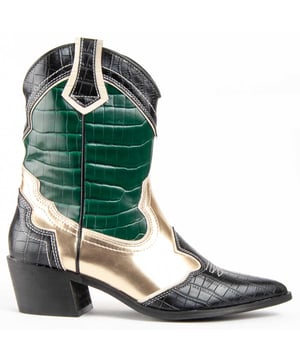 Dameslaarzen in cowboystijl met hak. Comfortabele pasvorm. Gemaakt van veganistische materialen. Gemaakt door andere merken voor ons merk. Afmetingen: 5 cm hoge hak, 16 cm hoge schacht en 13 cm brede schacht.