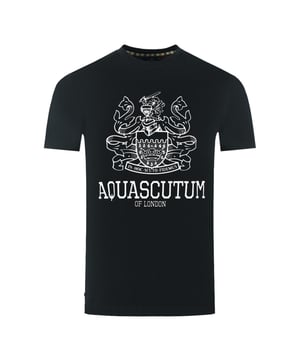 Aquascutum Large Bold London Aldis Brand Logo Black T-Shirt. Feel confident and stylish with the Aquascutum Bold Aldis Logo Black T-Shirt. Made from comfortable materials, this T-Shirt is emblazoned with Aquascutum's Aldis logo and features a classic crew neck and short sleeves. Step out with style and class!. Aquascutum Branded Logo Black tee, Crew Neck, Short Sleeves. 100% Cotton, Regular Fit. Fits True To Size. Style Code: TS006 16