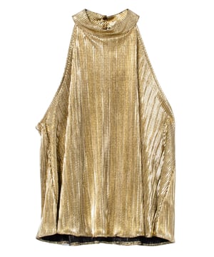 Arrive in shimmering style to your next event with this gold metallic plisse halterneck top . It's cut to a swing fit and features a flattering stand halterneck.  With cut away shoulders finished with covered button fastening at back high neck.
Fit: Classic, Sizing: As expected
