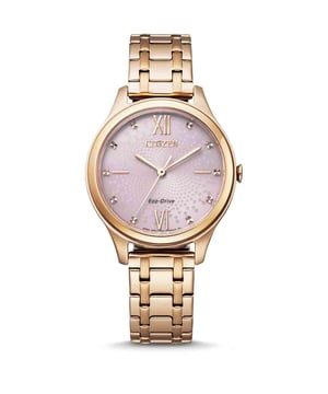 This Citizen  Analogue Watch for Women is the perfect timepiece to wear or to gift. It's Rose Gold 32 mm Round case combined with the comfortable Rose Gold Stainless steel watch band will ensure you enjoy this stunning timepiece without any compromise. Operated by a high quality Eco-Drive movement and water resistant to 5 bars, your watch will keep ticking. This solar powered watch recharges itself in any kind of light,This solar watch does not require any battery replacement. -The watch has a function: Solar Powered High quality 19 cm length and 14 mm width Rose Gold Stainless steel strap with a Fold over with push button clasp Case diameter: 32 mm,case thickness: 7 mm, case colour: Rose Gold and dial colour: Pink
