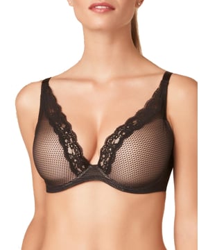 Passionata by Chantelle - This gorgeous Brooklyn plunge bra features lightweight padded, moulded cups which provide a smooth, rounded shape to the bust for a flattering fit.  The low plunge neckline paired with the lace trims and high apex detailing, highlights your cleavage for a sexy look. The black bra includes a silver glitter mermaid tail effect for a captivating and luxurious touch.  Finished with fully adjustable satin straps and a 2-hook 4-row closure.