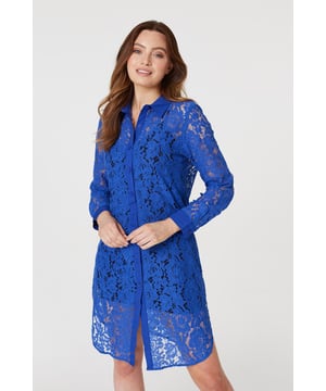 Add a twist to a traditional shirt dress with this sheer lace longline dress. Made from 100% cotton, it has a collar, V-neck, button front, long sleeves with tailored cuffs and a knee length hem. Layer over leggings and pair with your favourite heels, or leave unbuttoned for a chic warm weather alternative to a coat or cardigan.