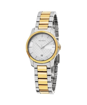 Two-tone (silver/gold) stainless steel bracelet and case with polished bezel. Push-button release butterfly clasp, has a petite 27mm diameter