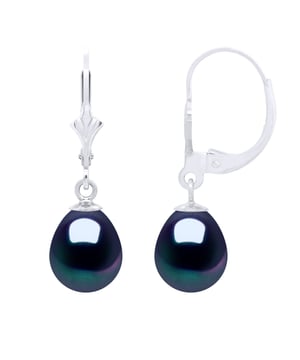 Ohrringe aus Weißgold 375 und echten Süßwasser-Zuchtperlen, Birne 8–9 mm – FARBE SCHWARZ TAHITIAN STYLE – Klappverschluss – Lieferung mit Echtheitszertifikat und internationaler Garantie – HERGESTELLT IN FRANKREICH