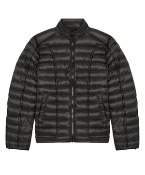 Schwarze Jacke von Diesel, zentraler Reissverschluss, Vordertaschen, schlichter schwarzer Mantel, Material: 100 % Polyester, schwarzer Mantel