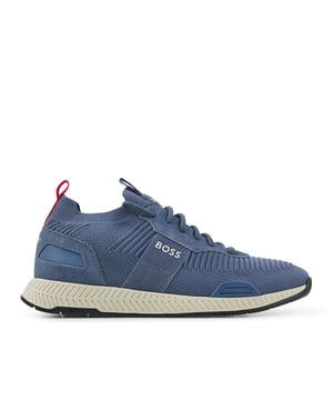 Mens BOSS Titanium Running Trainers in blue.- Stretchy knitted upper.- Lace up fastening.- Pull tabs on the collars and tongues.- Signature BOSS lettering to the heels  tongues and lateral sides.- Rubber sole.- Ref: 50470596-438