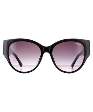 Guess Cat Eye Womens Shiny Black Smoke Gradient GF6118  Sunglasses are a cat-eye style crafted from lightweight acetate. The brand's logo is showcased on the temples for authenticity.