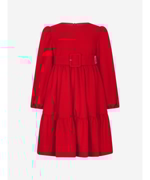 The perfect dress for your little lady designed by Fendi Kids. The rich red piece features a tiered skirt with an empire line colour-matched belt embroidered with the iconic FF monogram and gently puffed sleeves. Made from soft wool and fully lined, this beautiful dress offers style and comfort.