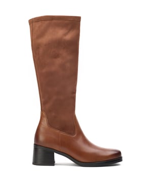 Dames bruine Caprice laarzen met gusset aan de achterkant, gemaakt van leer en een rubberen zool. Met: gusset aan de achterkant en gripzool.