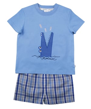 Our crocodile is guaranteed not to bite  - it only snaps!! Our shortie cotton pyjamas set brings some fun to bedtimes!

Made from 100% super soft cotton. The soft jersey mid blue top, with the a Snappy Crocodile embroidery applique has a matching rib neck, so easy to put on and off. The shorts have a fully soft elasticated waist and are made in a crisp summer cotton woven blue check.  We are sure these will be a firm favourite this summer!

Sold as a Pyjama set
Smiley Crocodile Applique
Fabric: 100% cotton
Fire Warning : KEEP AWAY FROM FIRE AND FLAMES.
Wash Care Instructions : Machine wash inside out, do not soak, wash dark colours separately. Do not iron trims or motifs. Save energy and wash at 30 degrees.
Do not tumble dry