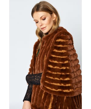 Comfortably fits sizes 8-16
An elegant knitted striped faux fur coat with flared open sleeves. A luxury top layer to compliment any outfit.