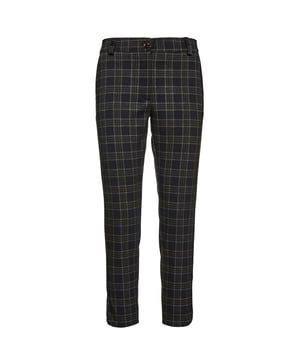 Pantalones cortos en tejido estampado Punto di Roma a cuadros. Cinturilla de 5 cm con trabillas en el mismo tejido. Se abrocha en la parte delantera con un botón de plástico. Bolsillos diagonales en la parte lateral. Abertura redondeada en el dobladillo en el lado exterior.