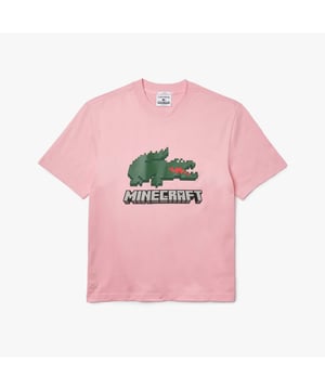 Uniseks Lacoste x Minecraft Print Organic Cotton T-shirt Geribbeld crew neck Relaxed fit Oversized Minecraft print en krokodil op borst Minecraft badge en ton sur ton siliconen krokodil aan onderkant kledingstuk