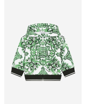 Dolce &amp; Gabbana utilise new technological properties to create captivating aesthetics. This baby boys zip up is a part of the FW24/25 Boy‚ôs Collection that boasts a ‚úcalligraphic-naturalistic‚ù Majolica accent. Crafted in a magnetic two-tone detailing ‚ì bright green and white- cotton jersey design with all-over green majolica print. Inspired by Sicilian tiles, it has ribbed trims and a black script logo on one side. He will be obsessed. ‚ Made in Italy‚ Zip Fastening‚ Machine Wash (30*C)‚ 100% Cotton (Soft Jersey)‚ Lining of Hood: 100% Jersey (Soft Jersey)