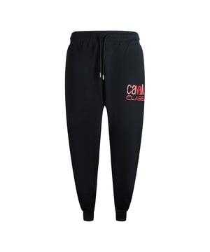 Cavalli Class zwarte trainingsbroek met vet logo, merklogo op het linkerbeen, elastische taille en manchetten, elastische taille en been, 60% katoen, 40% polyester, zwarte broek gemaakt in Bangladesh
