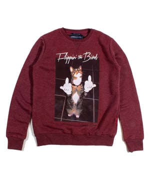 This Criminal Damage sweatshirt in Burgundy features a printed design on the chest with the text 'Flippin the bird' on it. Made from cotton and finished with ribbed hem and cuffs.