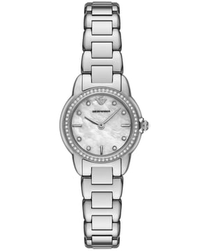 This Emporio Armani Mia Analogue Watch for Women is the perfect timepiece to wear or to gift. It's Silver 26 mm Round case combined with the comfortable Silver Stainless steel watch band will ensure you enjoy this stunning timepiece without any compromise. Operated by a high quality Quartz movement and water resistant to 5 bars, your watch will keep ticking. Elegant and fashionable watch that is suitable for the daily life of every Women. High quality 19 cm length and 13 mm width Silver Stainless steel strap with a Deployment clasp Case diameter: 26 mm,case thickness: 7 mm, case colour: Silver and dial colour: Mother of pearl
