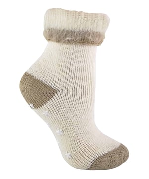 These alpaca wool bed socks with a star patterned gripper sole have been crafted with both warmth and comfort in mind. Made from a blend of alpaca wool, a fibre with natural thermal qualities, they are ideal to be used as both night or lounge wear. The sock is knitted with a close knit pattern on the outside, while the inside of the sock is brushed to create a beautiful soft feel which helps to add to the warmth of the sock. These socks have a star patterned gripper sole, helping to keep you secure on slippery household flooring, such as wooden panels or laminate. These socks have a turnover top, which adds to the comfort securing the socks in place, while also adding some style to the socks in the classic fluffy bed sock fashion. This sock is available in a size 4-8 uk - available in cream with the choice of beige, salmon or purple heels and toes this sock is an ideal addition to any woman's wardrobe. They are made of 60% Acrylic, 20% Wool, 10% Alpaca, 8% Polyamide, 2% Elastane and are machine washable.
