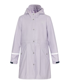 Beschichtung: 100 % Polyurethan; Material der Fliege: 100 % Polyester; keine Kordel/Zugschnur; Obermaterial: 100 % Polyester.  Dieser Regenmantel von Schmuddelwedda beweist, dass praktische Kleidung nicht nur hübsch, sondern auch nachhaltig sein kann. Das hochwertige, recycelte Material ist dank Beschichtung absolut wasserdicht und auch die Nähte sind so fest versiegelt, dass keine Nässe durchkommt. Kleine Falten auf der Vorderseite und eine große Kellerfalte mit Schleife auf der Rückseite setzen ebenso zauberhafte Akzente wie die verspielten Blümchendruckknöpfe und die lichtreflektierenden Logo-Prints.  Regenmantel