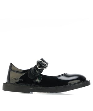 Infant Girls Kickers Adlar Heart Patent Shoe in black.- Leather upper.- Hook & loop strap fastening.- Branded tab and Kickers' debossed detailing at the heel.- Silver tone heart buckle.- Rubber sole.- Ref: 116240