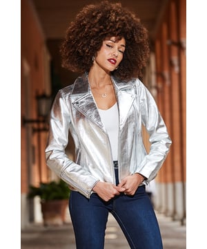 It's a compliment magnet Crafted from our signature butter-soft leather Attention-grabbing shimmering metallic finish Sleek tailored fit Notched lapels, asymmetric zip, zippered cuffs - all the edgy biker details Upgrade your go-to jeans and nice top