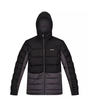 Material: Polyester. Filling: Feather-Free. Fabric: Ripstop, Synthetic. Design: Contrast Panel, Logo. Fabric Technology: Hardwearing, Insulating, Water Repellent. Inner Zip Guard, Padded. Cuff: Adjustable. Neckline: Hooded. Sleeve-Type: Long-Sleeved. Hood Features: Adjustable, Grown On Hood. Pockets: 2 Side Pockets, 1 Security Pocket. Fastening: Full Zip. Hem: Adjustable, Shockcord Hem. Denier: 75D. Sustainability: Cruelty Free. Made from Recycled Materials.