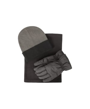 Fabric: Fleece, Knitted, Soft Touch. Contents: Beanie, Gloves, Neck Gaiter. Fabric Technology: Insulating, Water Resistant. Design: Plain, Ribbed.