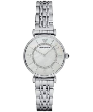 This Emporio Armani Gianni T-bar Analogue Watch for Women is the perfect timepiece to wear or to gift. It's Silver 31 mm Round case combined with the comfortable Silver Stainless steel watch band will ensure you enjoy this stunning timepiece without any compromise. Operated by a high quality Quartz movement and water resistant to 3 bars, your watch will keep ticking. This Elegant and practical watch is perfect for all occasions. It’s a great gift for your relatives and friends High quality 19 cm length and 13 mm width Silver Stainless steel strap with a Deployment clasp Case diameter: 31 mm,case thickness: 7 mm, case colour: Silver and dial colour: Mother of pearl